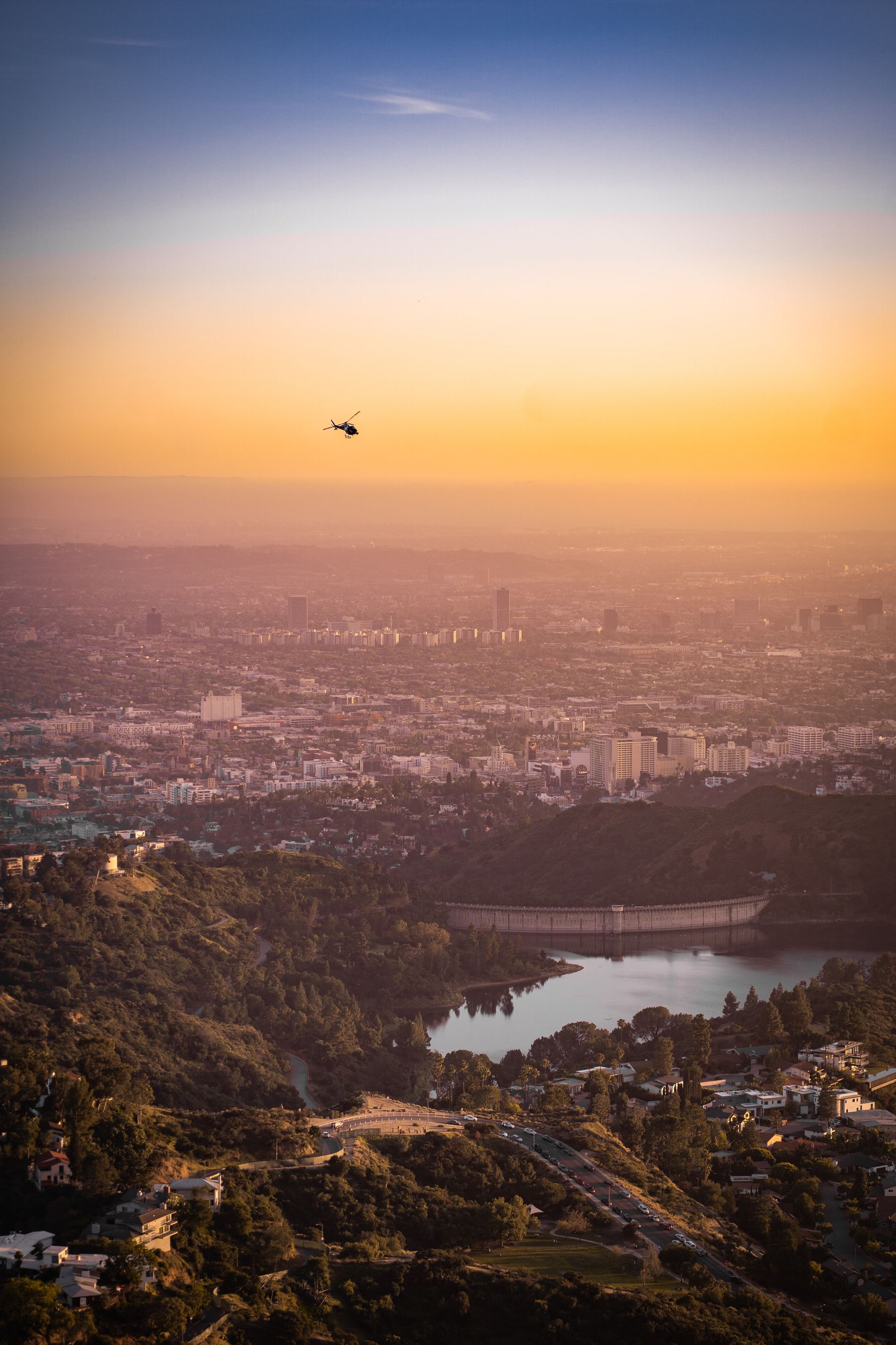 The San Fernando Valley seen from the hills above Woodland Hills at sunset